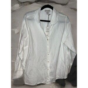 Laura Ashley White LINEN BLEND Tab Button Long Sleeve Shirt Plus Cottage 1X NWT
